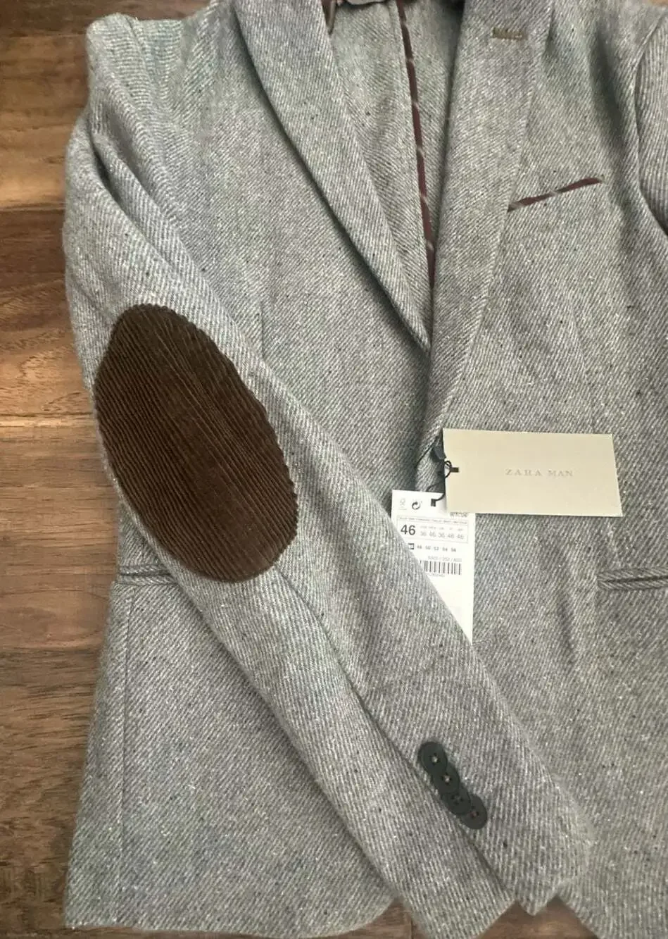 ZARA MAN Grey Herringbone Textured Blazer with Elbow Patches